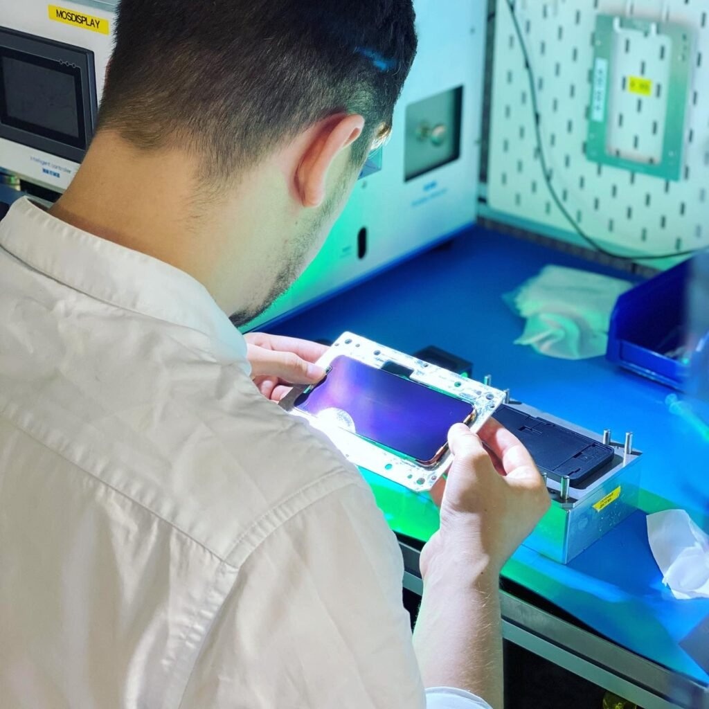 Очистка дисплея iPhone от пыли перед надеванием стекла
